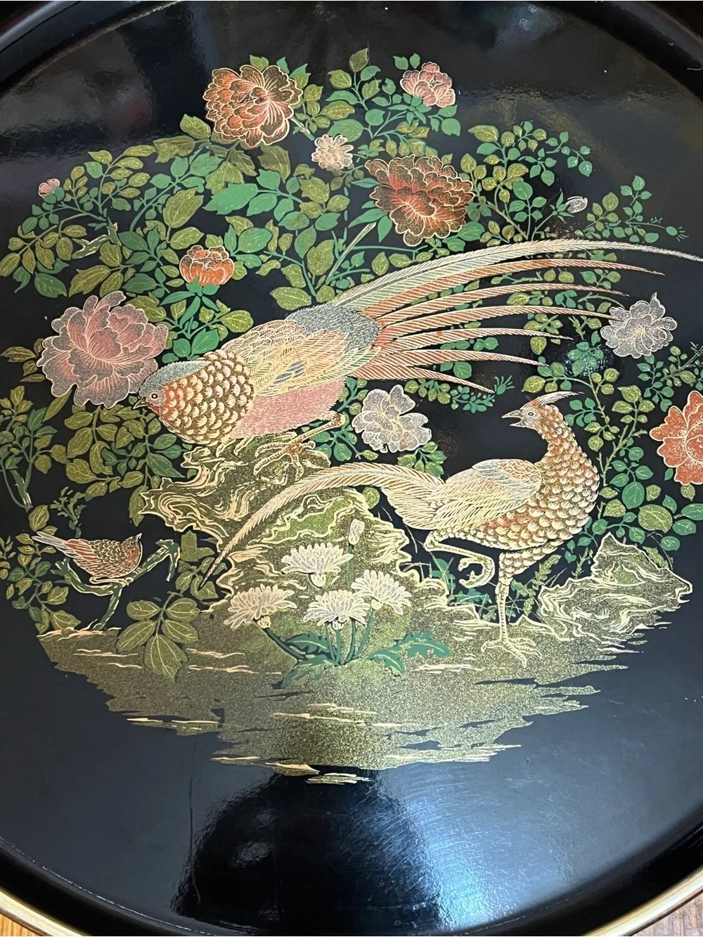 Vintage Japanese Black Lacquer Serving Tray – Peacock & Floral Design – 14” – Ma